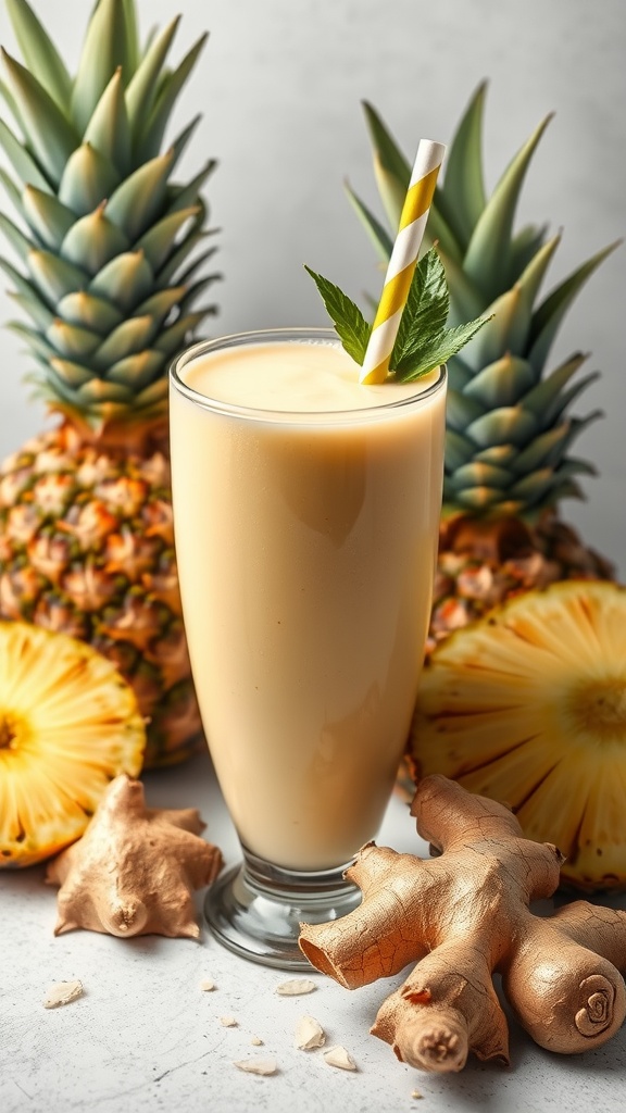 Pineapple Ginger Smoothie in a glass with pineapple and ginger roots in the background