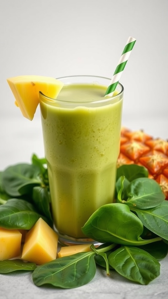 A refreshing Pineapple Spinach Smoothie in a glass, garnished with a pineapple wedge and surrounded by spinach leaves.