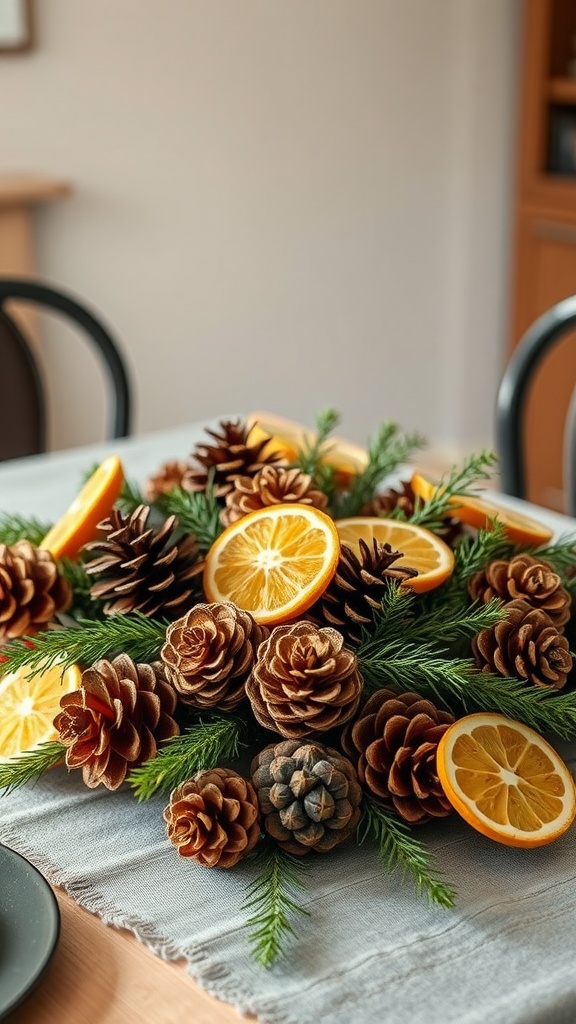 A dining table centerpiece featuring pinecones and dried citrus slices arranged with greenery.