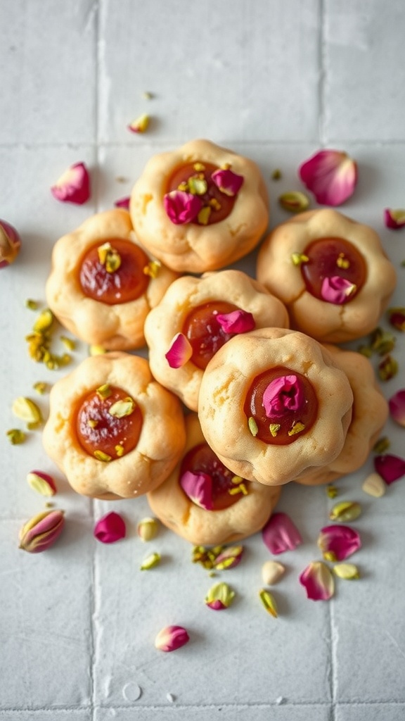 Pistachio thumbprint cookies with rose water and jam filling