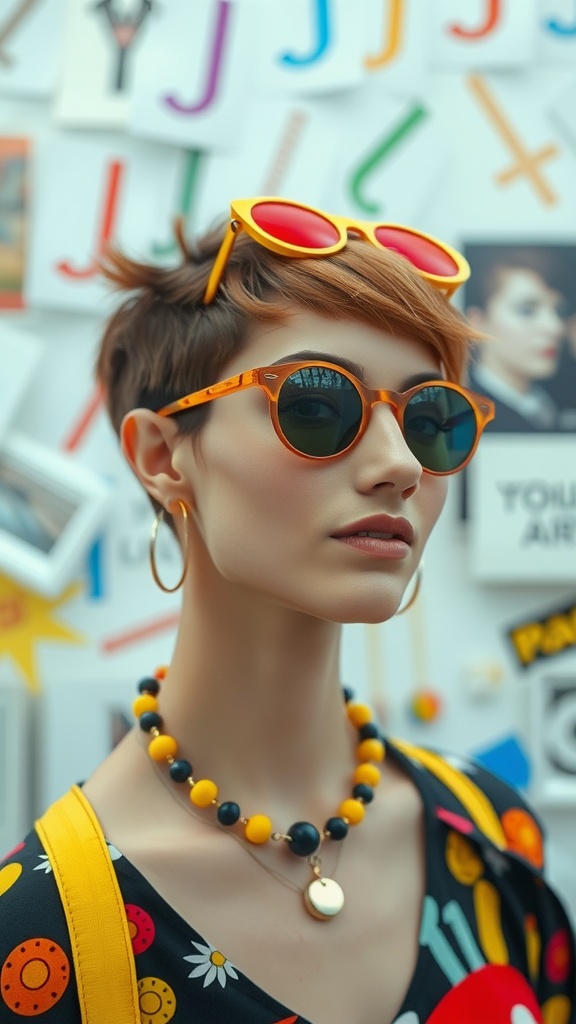 A model showcasing a pixie bob hybrid haircut with stylish accessories.