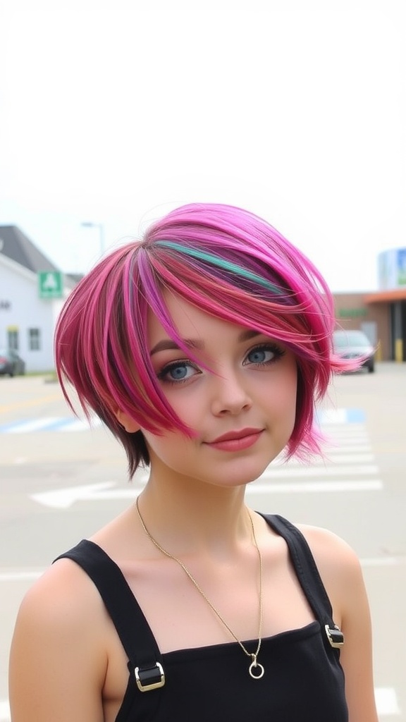 A young woman with a vibrant pink pixie cut and side-swept bangs, looking stylish.