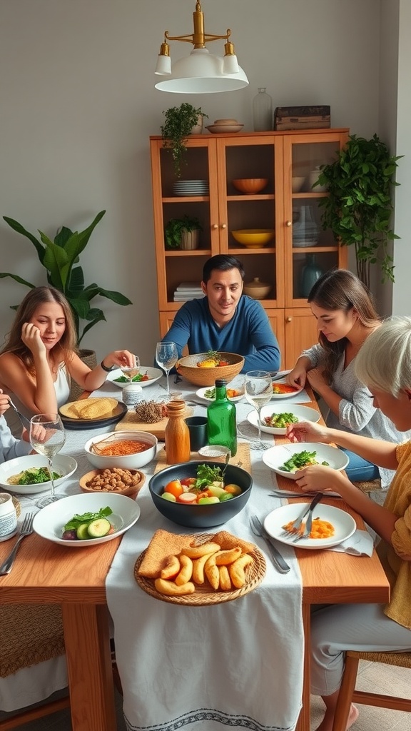 A family gathered around a table enjoying a Mediterranean keto meal with vibrant dishes.