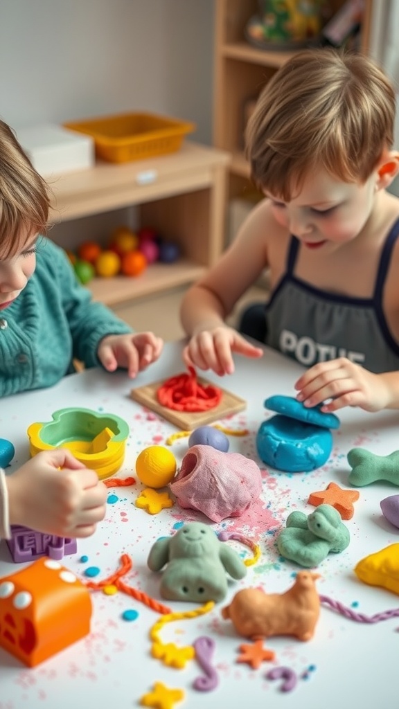 Two children playing with colorful homemade playdough on a table.