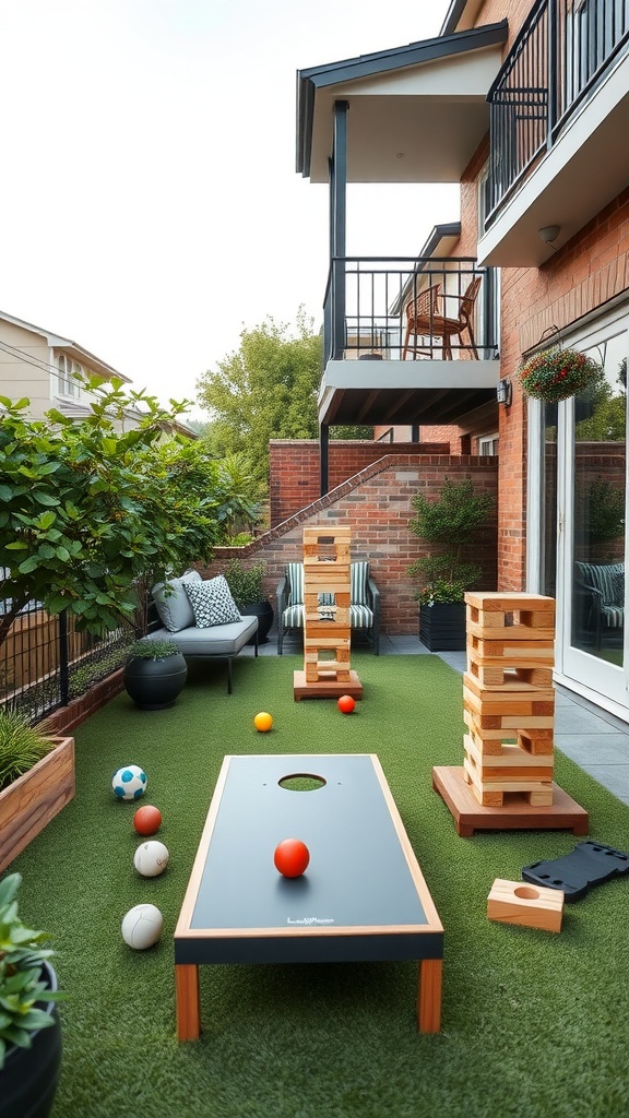Balcony with playful outdoor games including cornhole and giant Jenga.