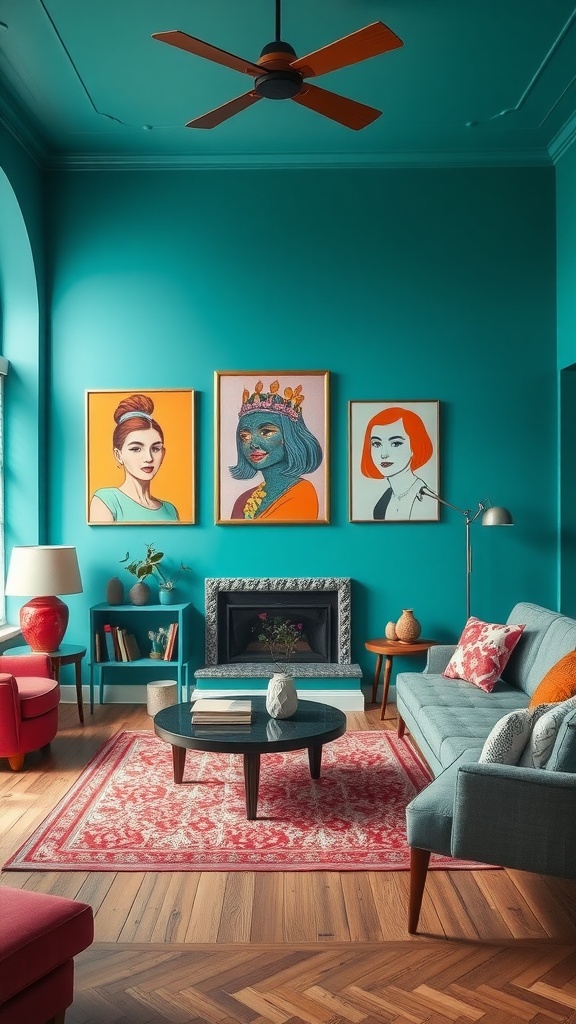 Living room featuring playful turquoise walls with artwork and cozy furniture.