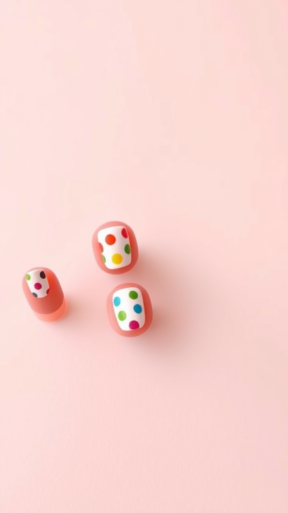 Three short nails featuring colorful polka dot designs on a soft pink background.