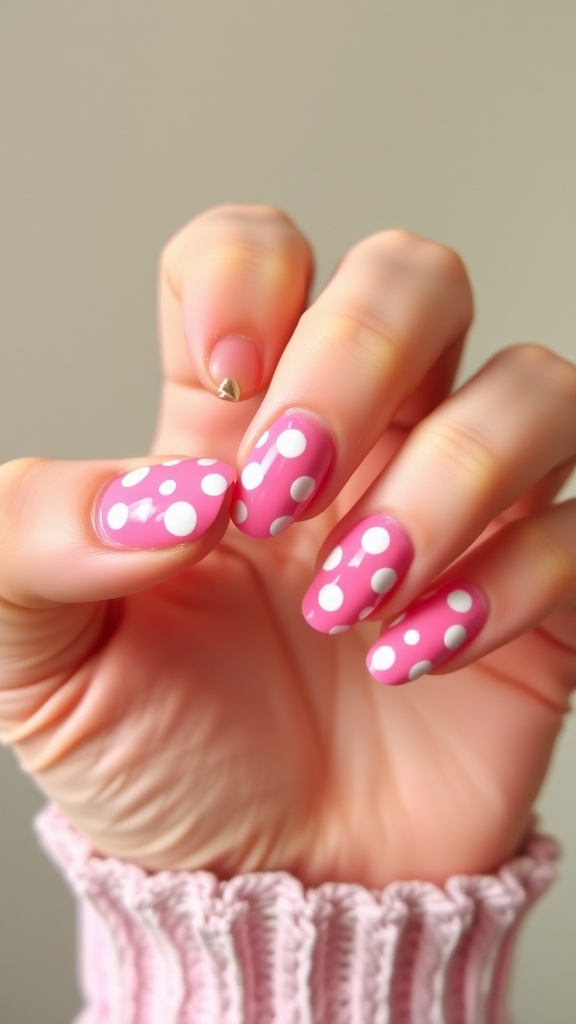 A close-up of colorful pink and white polka dot nails