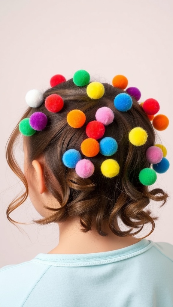 A hairstyle decorated with colorful pom-poms in various sizes.