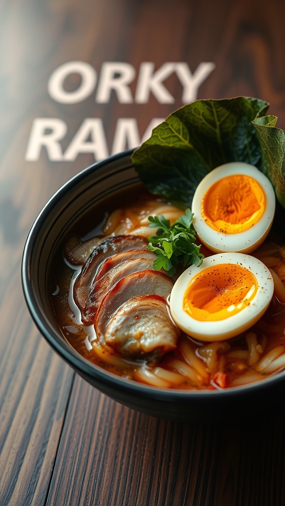 A bowl of pork belly ramen with soft-boiled eggs and garnishes.