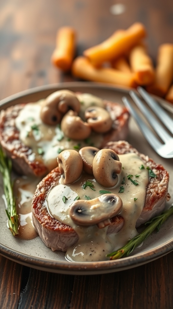 Delicious pork chops topped with creamy mushroom sauce and garnished with parsley