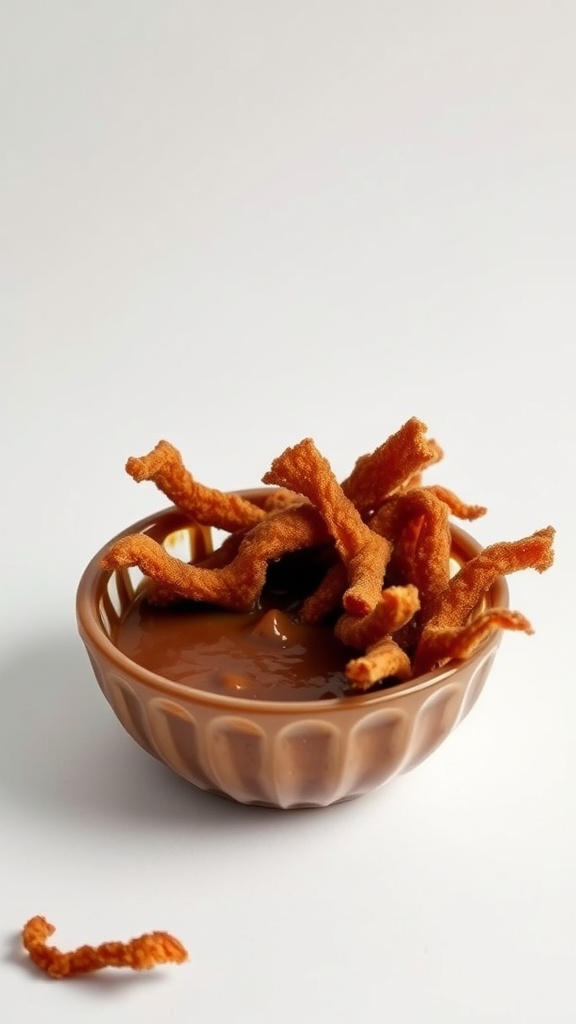 A bowl of crispy pork rinds served with a dipping sauce
