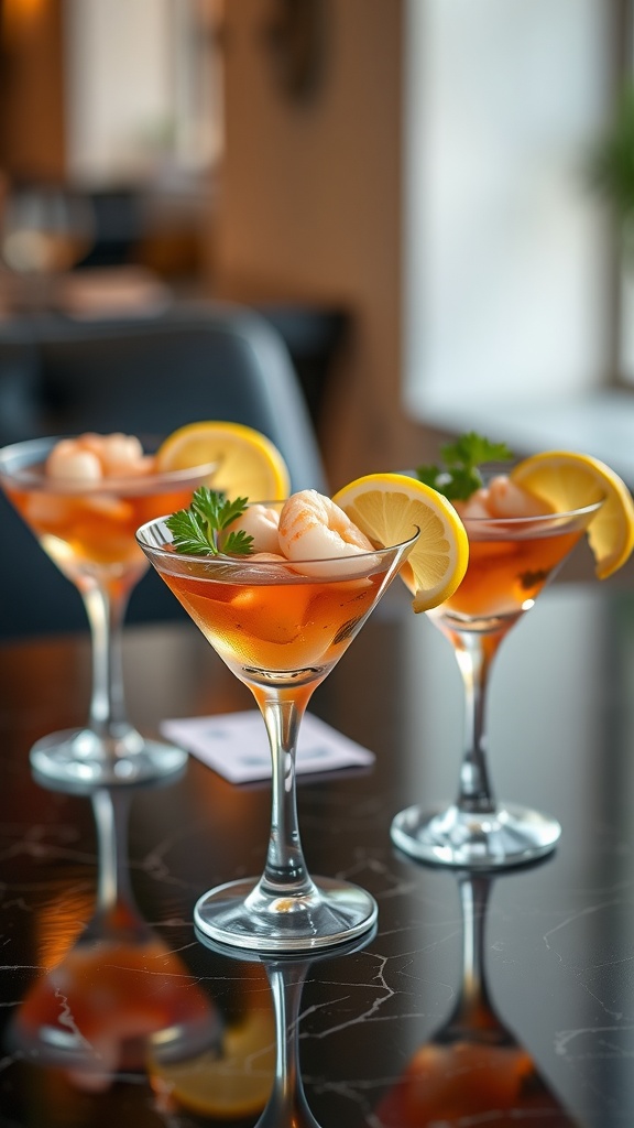 Mini glasses filled with prawn cocktail, garnished with lemon and parsley, sitting on a table.