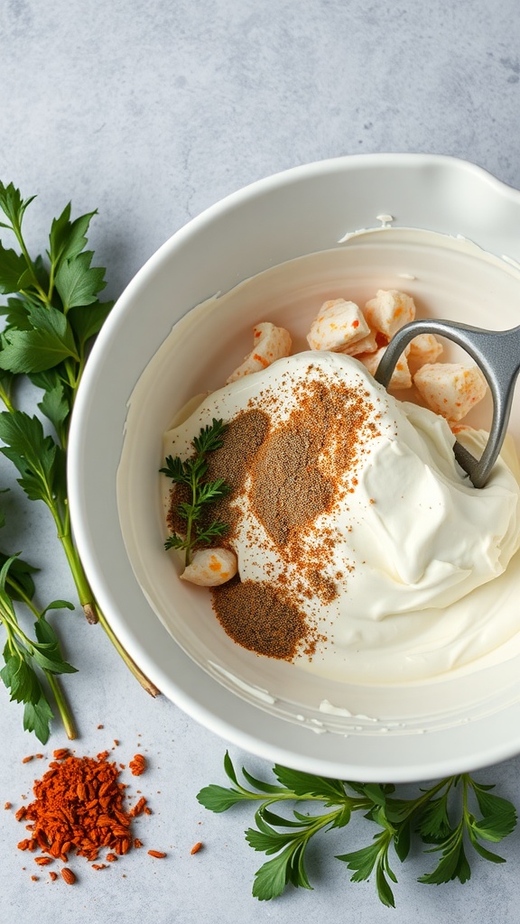 A bowl with cream cheese and various seasonings, ready for crab rangoon filling.