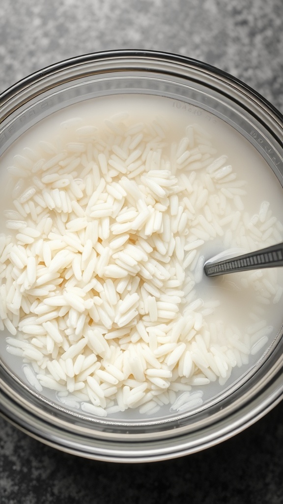 A bowl of uncooked glutinous rice soaked in water, ready for making mango sticky rice.