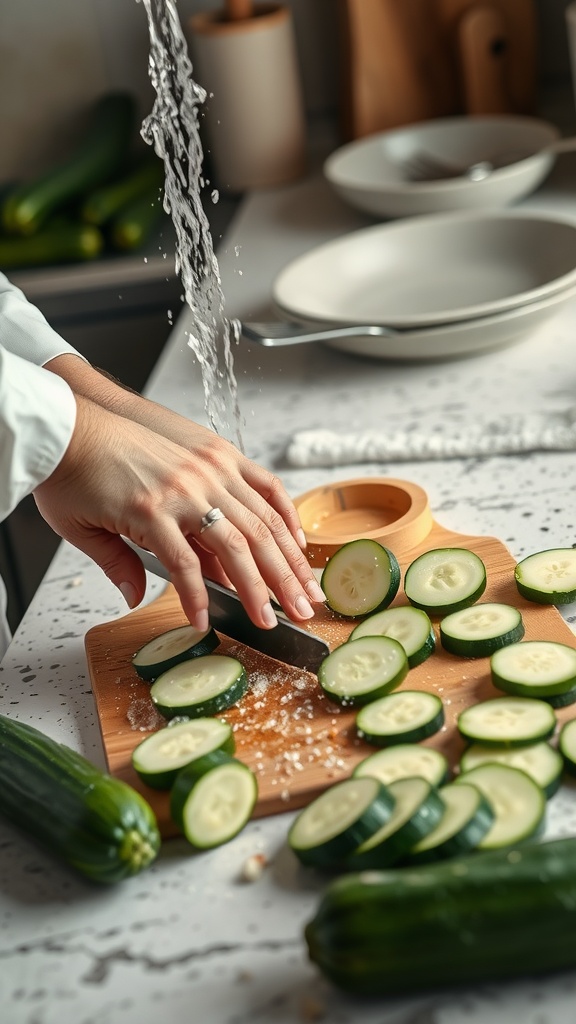 A person cutting zucchini into slices on a wooden board, with water flowing in the background.