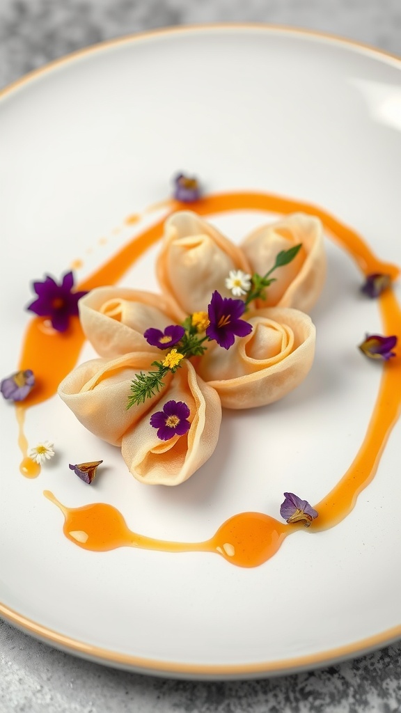 A plate of beautifully arranged crab rangoon served with garnishes