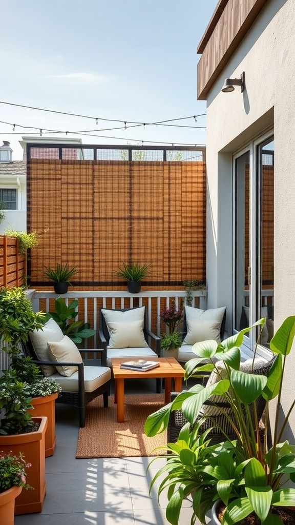 A cozy balcony with outdoor screens providing privacy, featuring potted plants and comfortable seating.