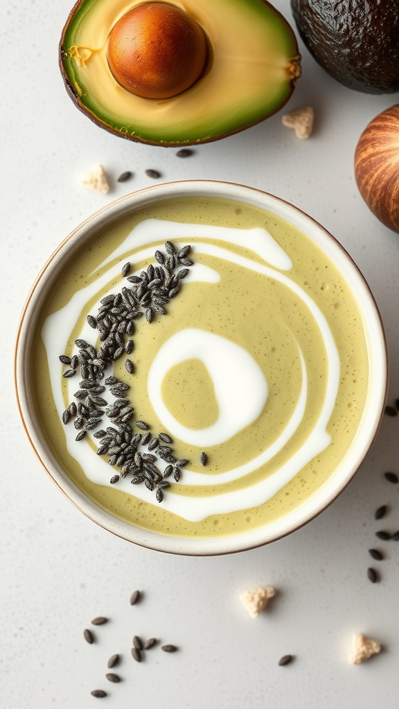 A creamy avocado smoothie in a bowl topped with yogurt and seeds.