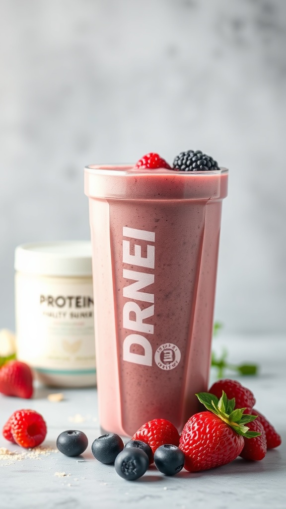 A refreshing berry smoothie in a cup with berries around it