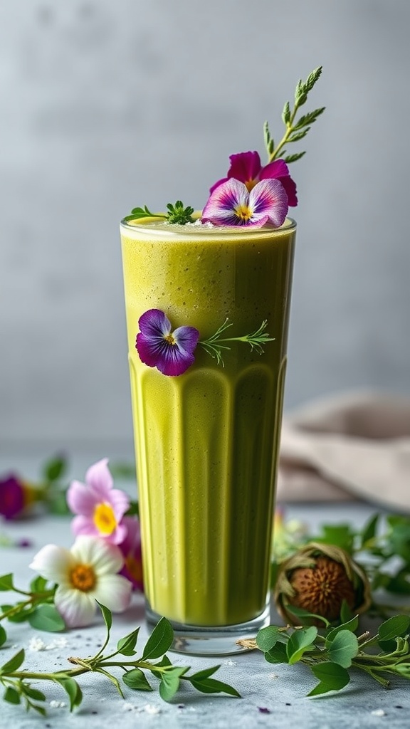 A tall glass of green smoothie garnished with flowers and greenery