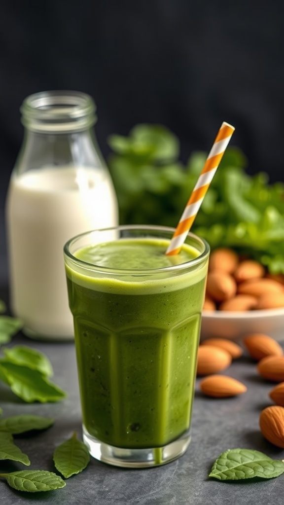 A vibrant green smoothie in a glass with a straw, surrounded by almonds and spinach.