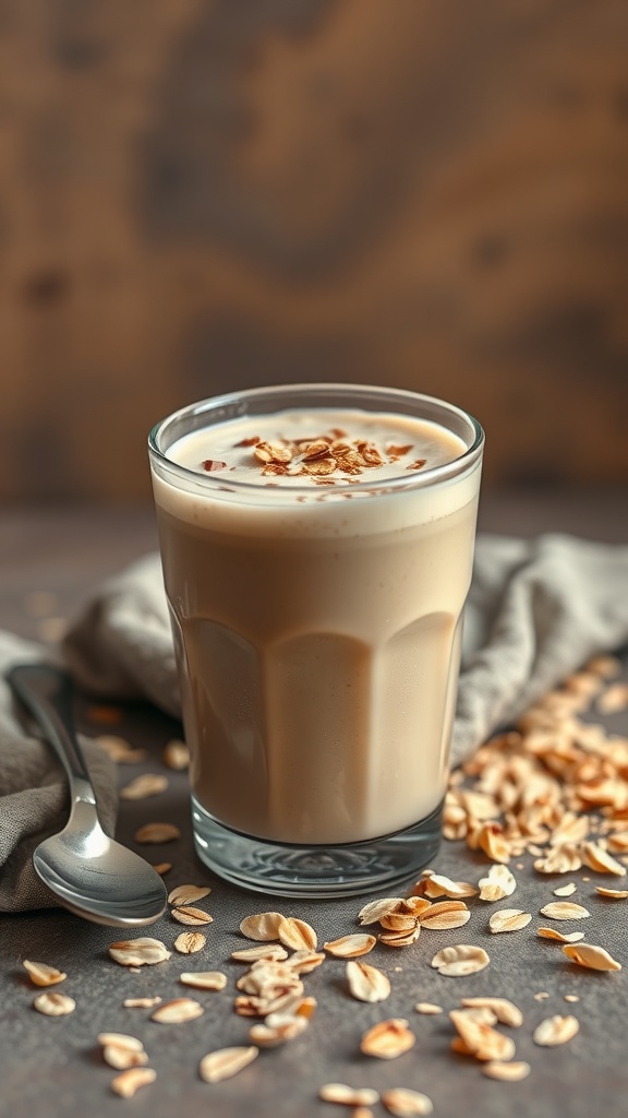 A glass of creamy oatmeal smoothie topped with oats