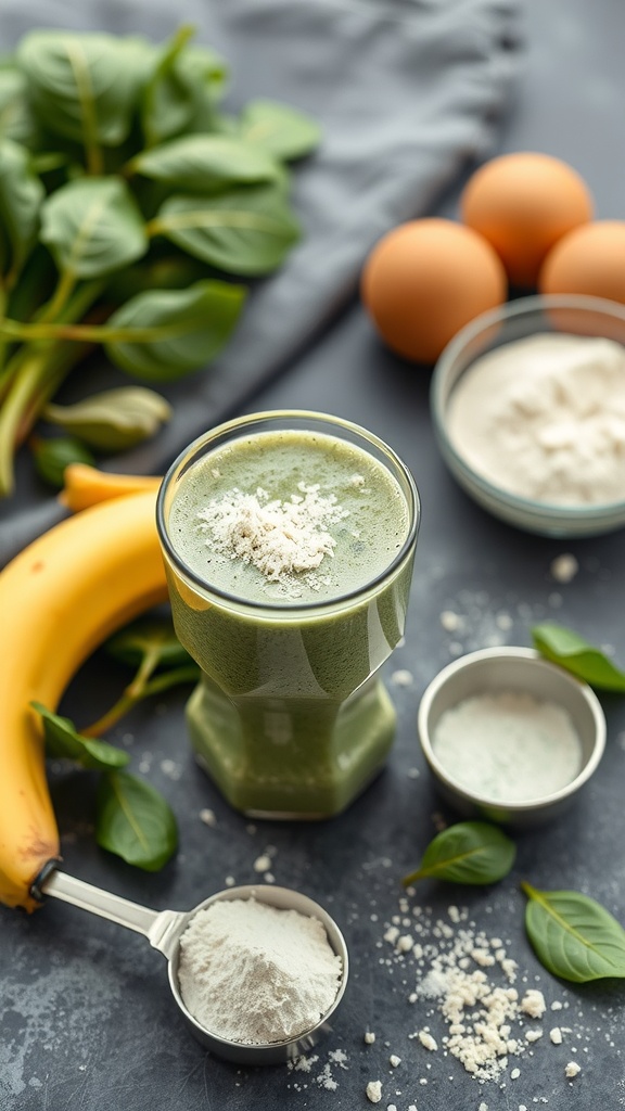 A healthy spinach banana smoothie with ingredients including spinach, banana, and protein powder.
