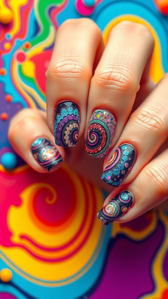 Colorful psychedelic glitter swirl nail design