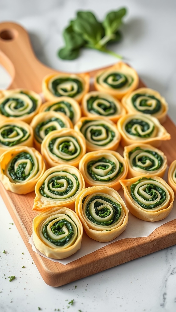 Puff pastry pinwheels with spinach on a wooden board