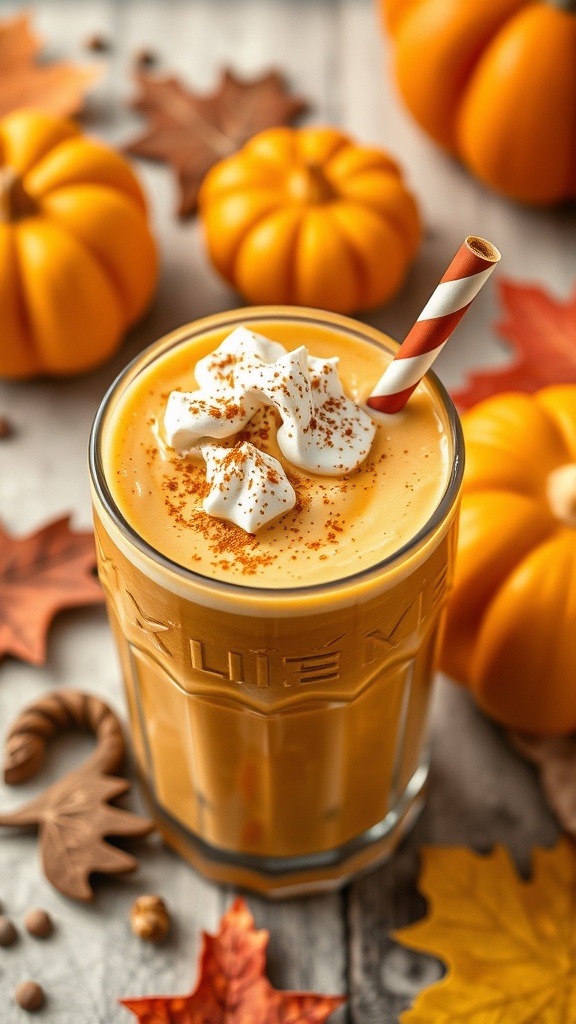 A delicious pumpkin pie protein smoothie in a glass, topped with whipped cream and a straw, surrounded by pumpkins and autumn leaves.