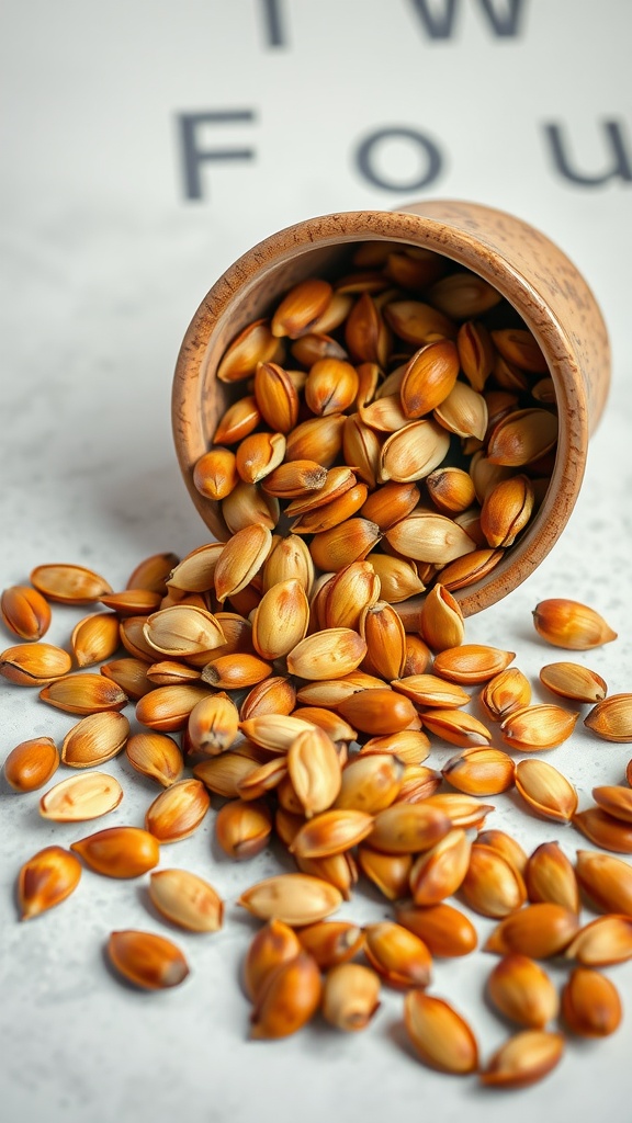A wooden bowl filled with pumpkin seeds spilling onto a surface.