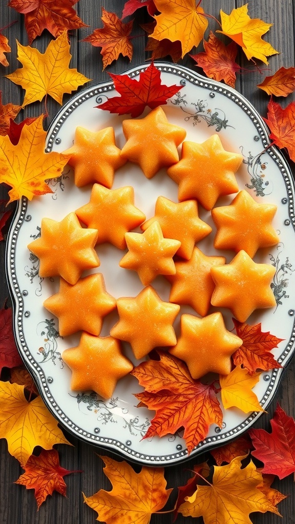 A plate of pumpkin spice candies in star shapes surrounded by autumn leaves.