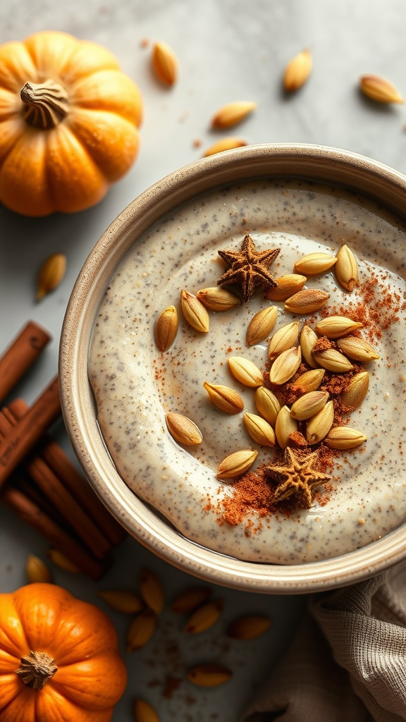 A bowl of Pumpkin Spice Chia Seed Pudding topped with pumpkin seeds and spices.