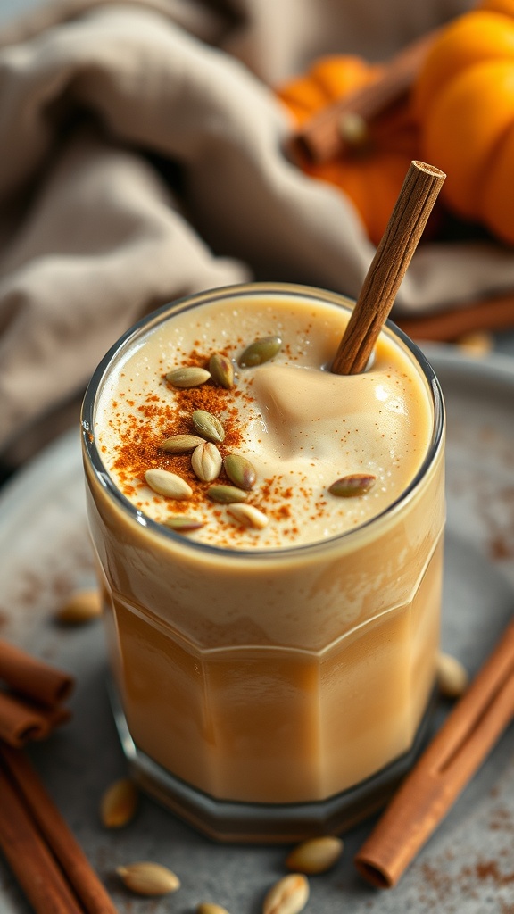 A delicious Pumpkin Spice Energy Smoothie with cinnamon and pumpkin seeds on top