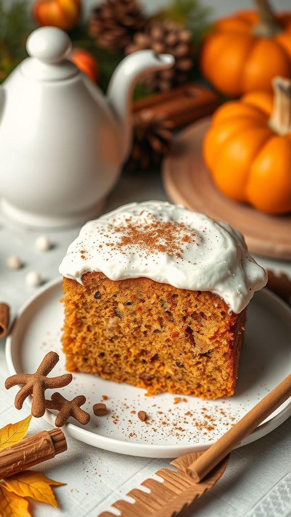 A slice of pumpkin spice keto cake topped with whipped cream and spices.