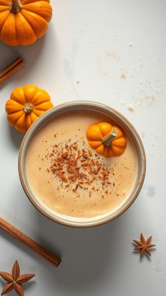 A creamy pumpkin spice smoothie topped with spices and small pumpkins.