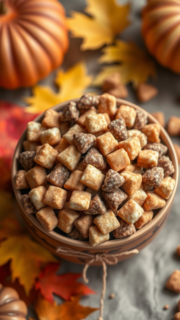 A bowl of pumpkin spice muddy buddies surrounded by autumn leaves and pumpkins.