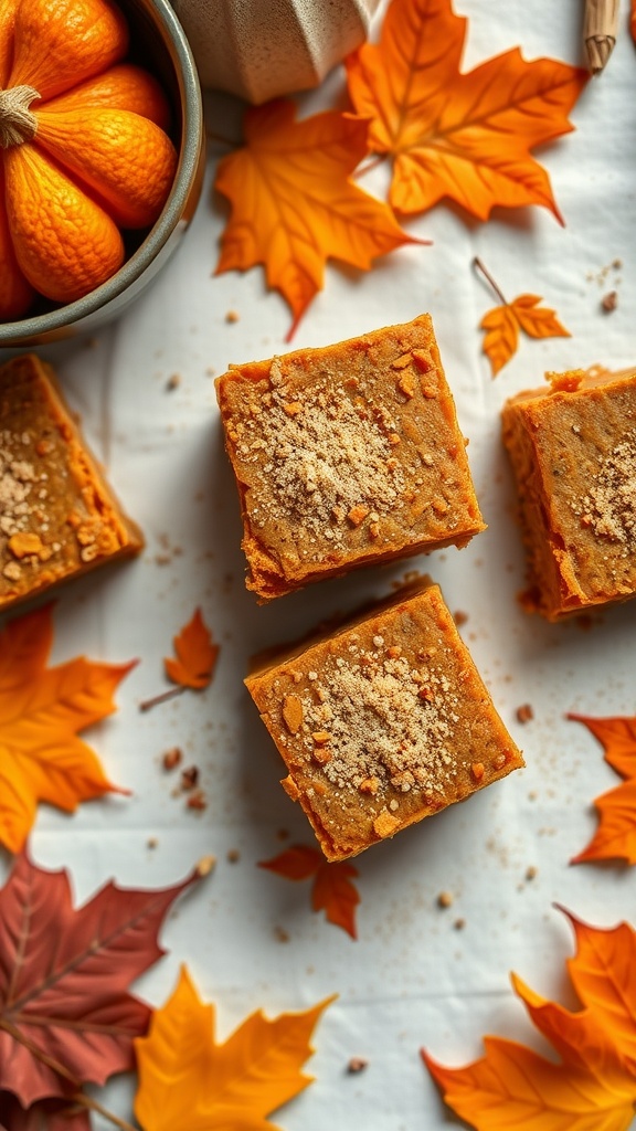 Pumpkin spice protein bars with autumn leaves and decorative pumpkins