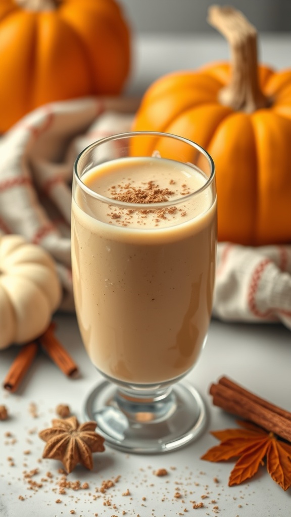 A creamy pumpkin spice protein shake in a glass, garnished with a sprinkle of cinnamon.