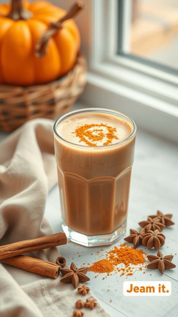 A delicious pumpkin spice protein smoothie in a glass