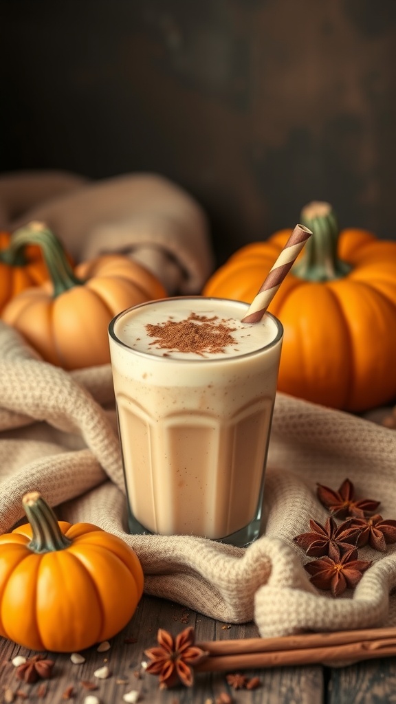 A creamy pumpkin spice smoothie in a glass, garnished with cinnamon, surrounded by pumpkins and cozy textures.
