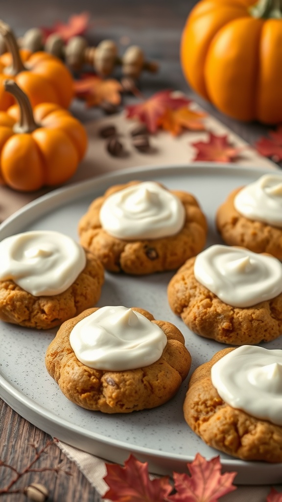 Plate of pumpkin spice thumbprint cookies topped with cream cheese frosting.