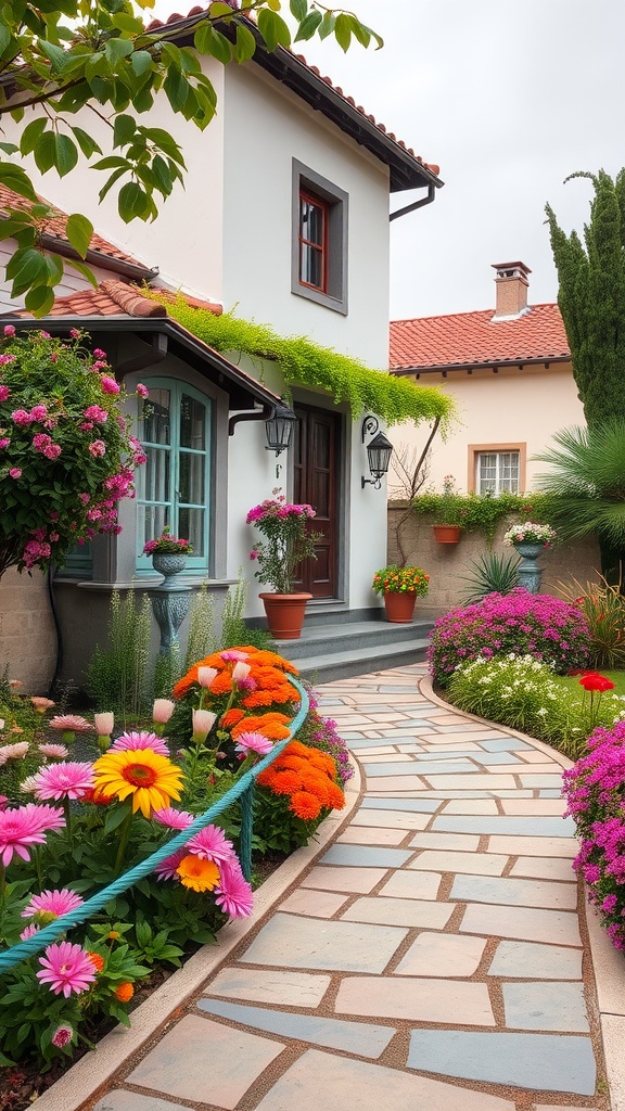 A picturesque garden villa with vibrant flowers and a charming pathway.
