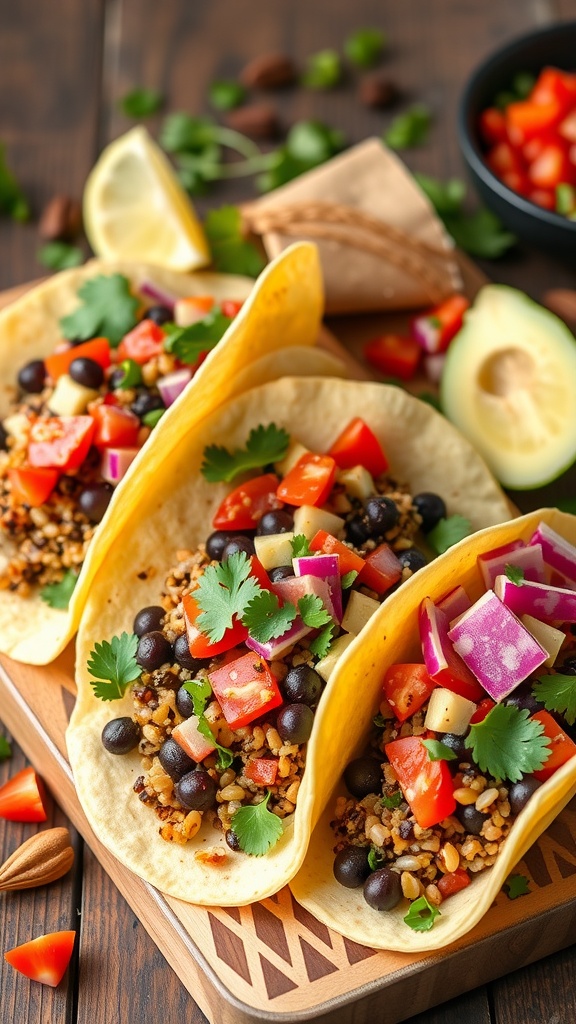 Quinoa and black bean tacos with fresh toppings on a wooden platter