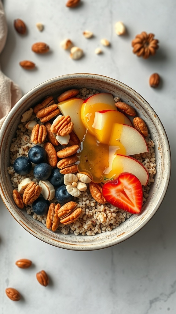 A quinoa breakfast bowl with nuts, fruits, and honey