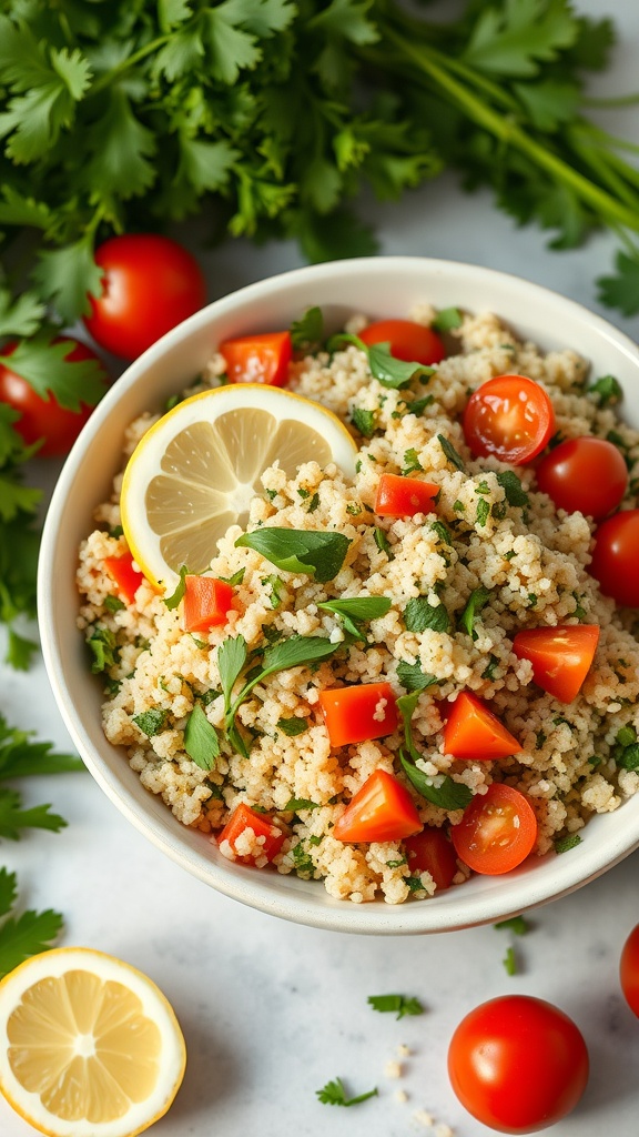 A bowl of Quinoa Tabbouleh Salad with cherry tomatoes, cucumber, and fresh herbs.