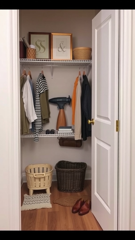Organized small closet with clothes, baskets, and decor on shelves