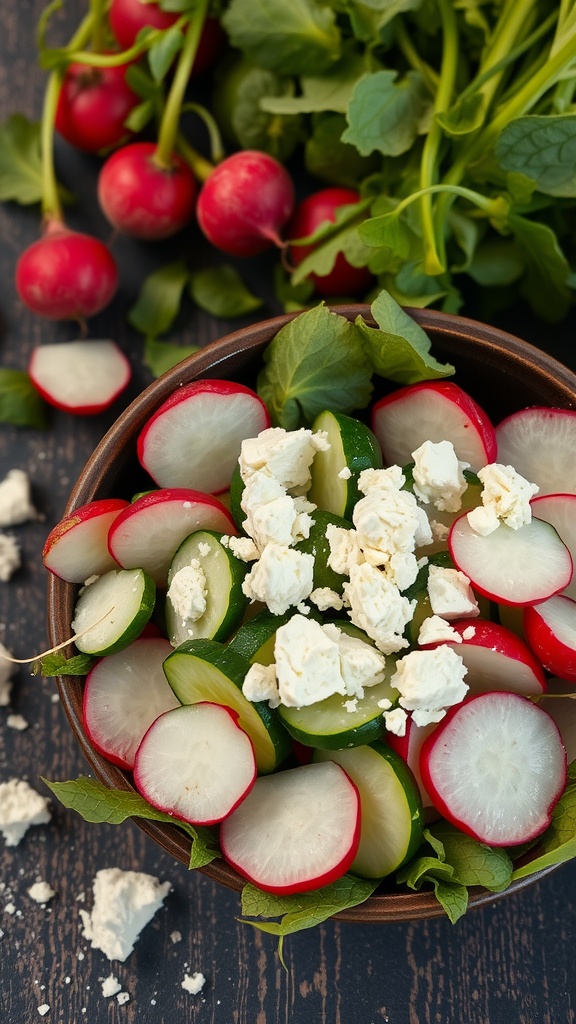 A colorful bowl of radish and cucumber salad with crumbled feta cheese on top