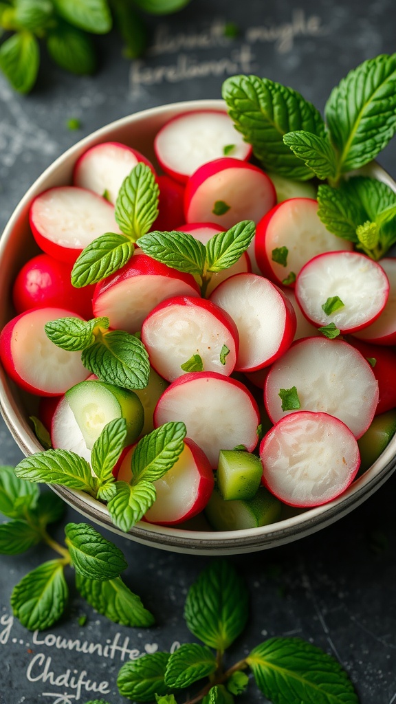 A vibrant salad made with radishes, cucumbers, and fresh mint